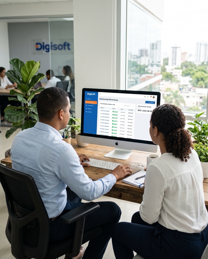 Dos personas revisando el panel de Facturación Electrónica de Digisoft