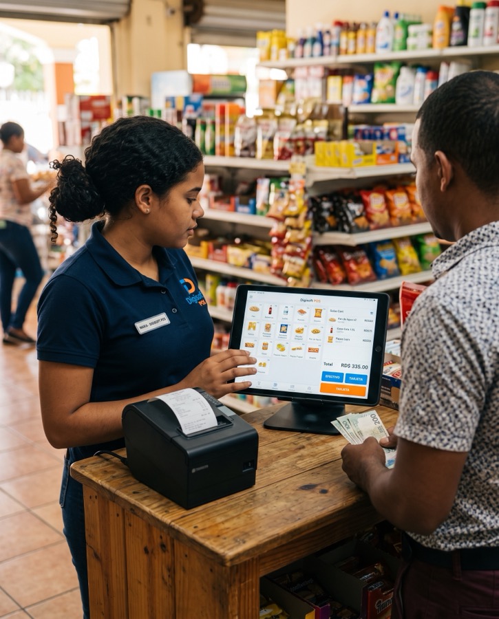 Cajera de un colmado cobrando con Digisoft POS en una tablet